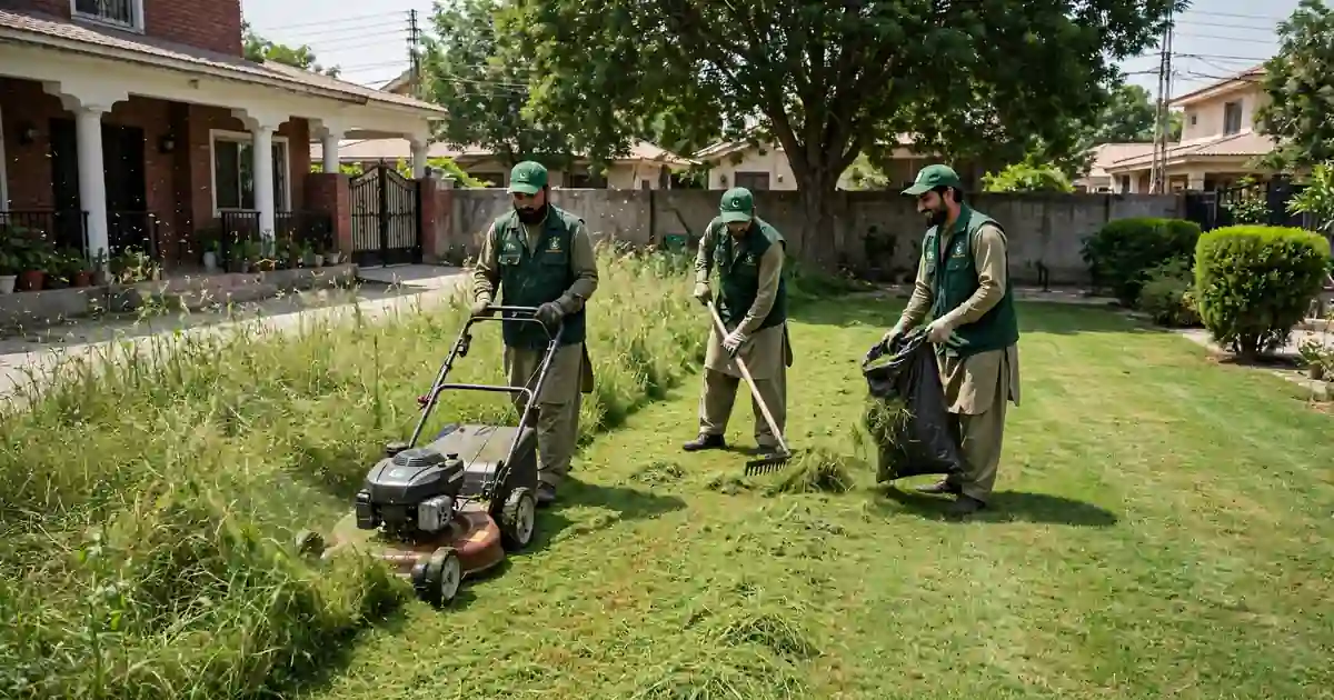 Professional Lawn Maintenance Services in Lahore team mowing