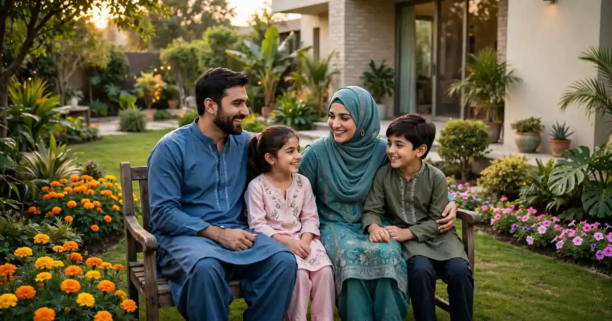 Real family enjoying home landscaping with bench and flowers in Lahore