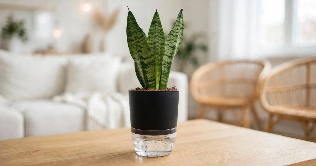 Black Self Watering Pot with snake Plant